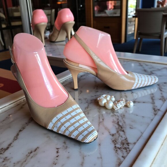 NWOT ANDREW GELLER ( 7M ) Woven Leather Slingback Kitten Heels Tan/White - Picture 1 of 10